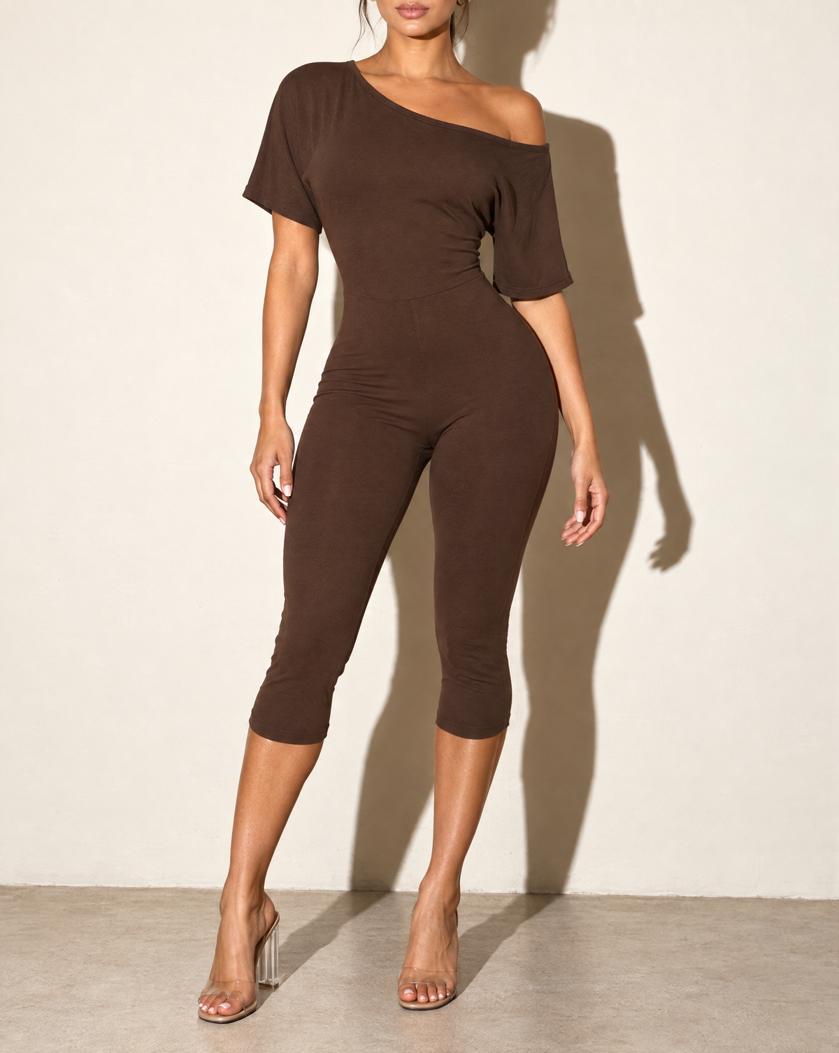 One Off Shoulder Capri Jumpsuit in DK BROWN — alternate front view