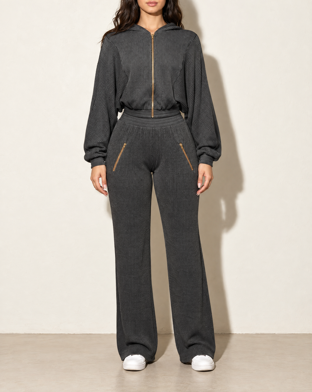 Zipper Closure Hoodie Jacket & Pants Set in Charcoal — front view