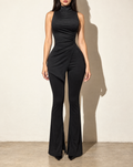 Mock Neck Slit Top & Flare Pant Set in Black — front view