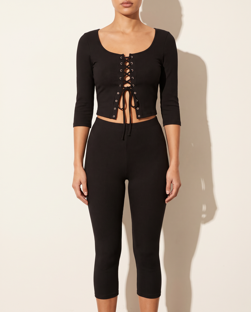 3/4 Sleeves Shoelace Closure Top & Capri Set in Black — front view