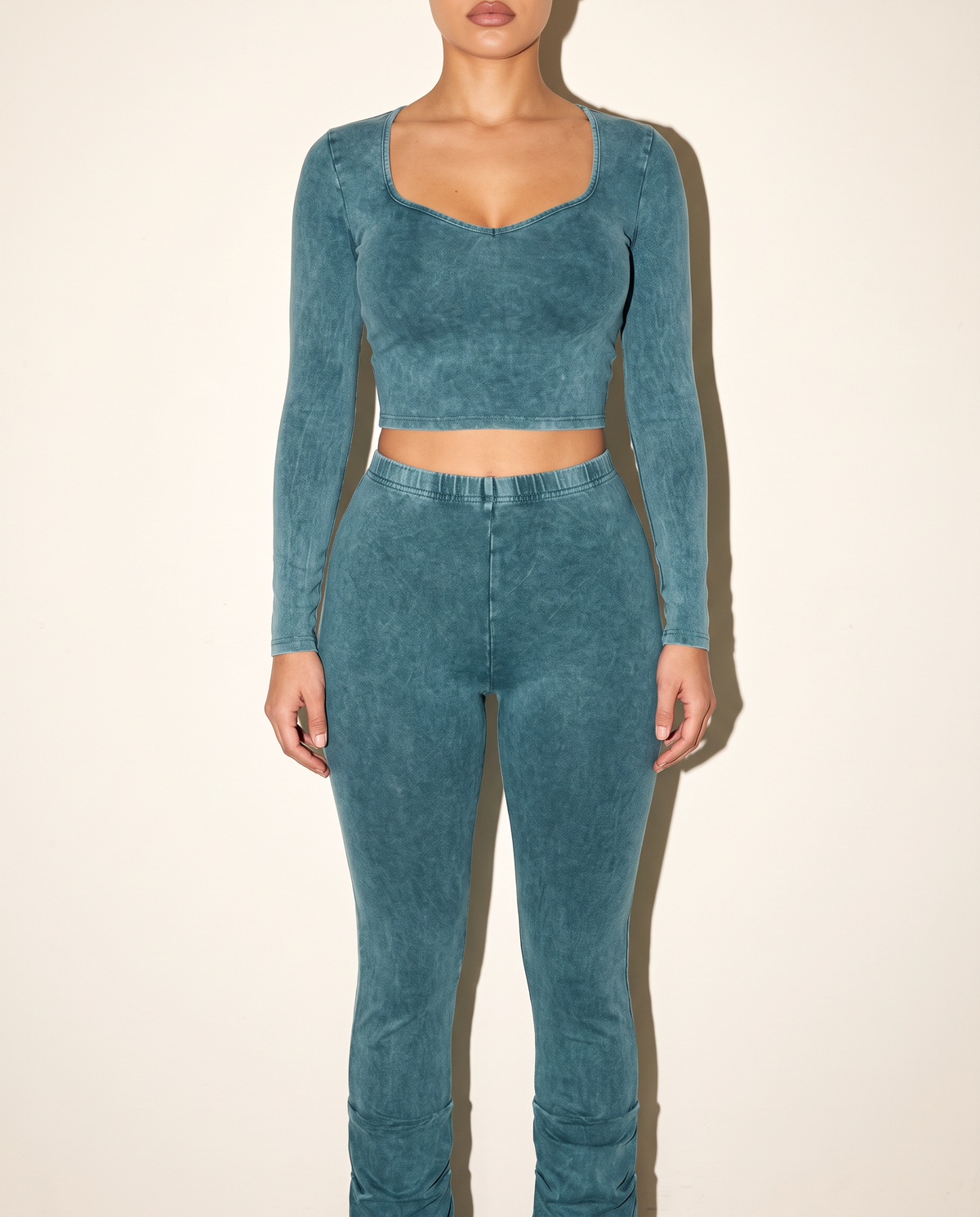 Mineral Washed Top & Ruched Hem Detailed Pants in Teal — front view