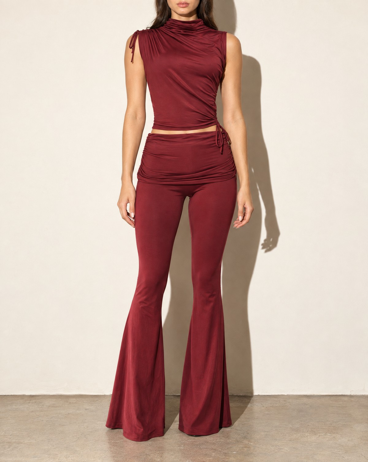 Mock Neck Top & Pant Set in Burgundy — front view