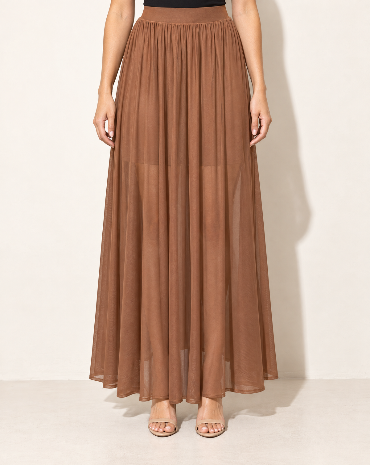 Sheer Mesh Maxi Skirt With Shorts Lining in Mocha — front view