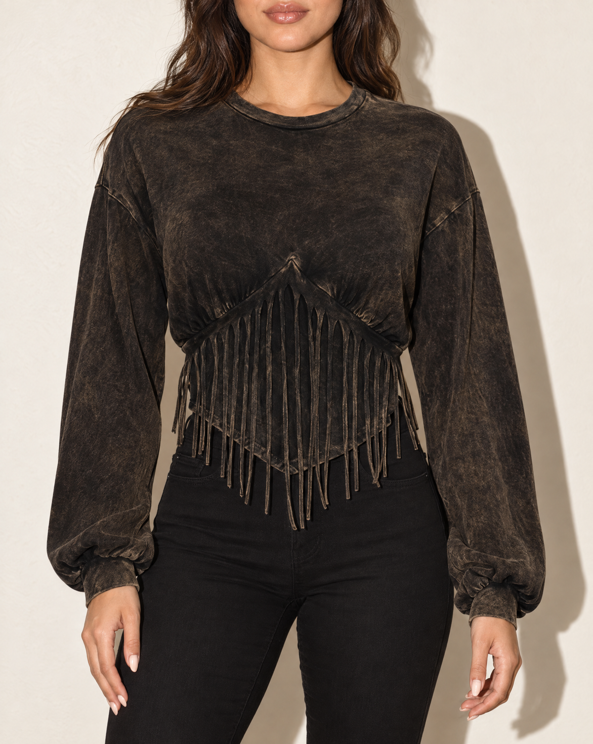 Washed Fringe Detailed Bubble Sleeve Top in DK MUSTARD — front view