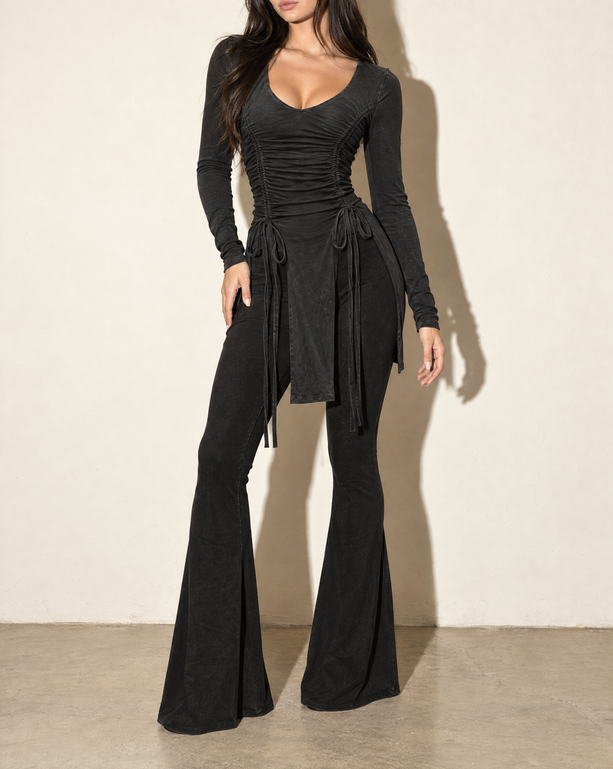 Mineral Washed Long Sleeve Bell Bottom Pants Set in Black — alternate front view