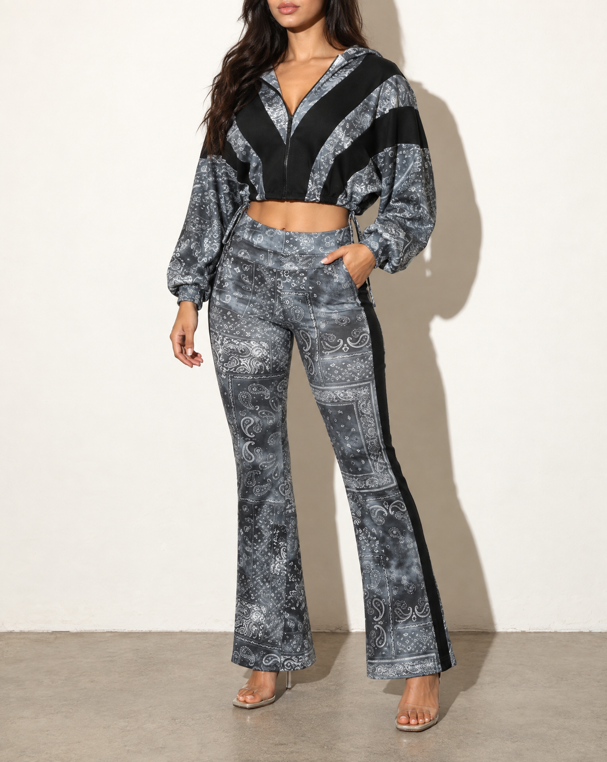 Batwing Hooded Top & Pants Set in BLACK COMBO — alternate front view