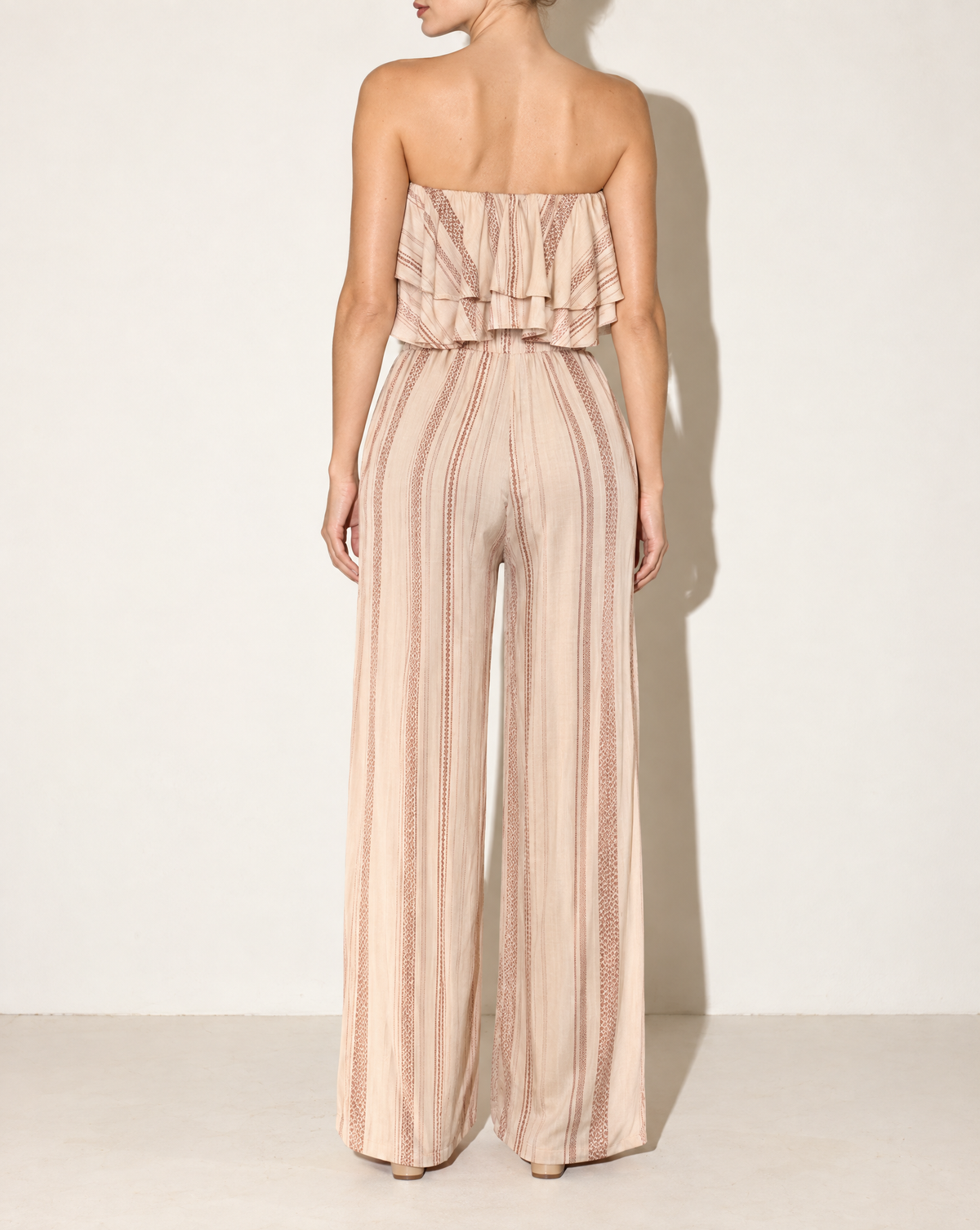 Ruffle Tube Top & Wide Leg Pants Set in CREAM COMBO — back view