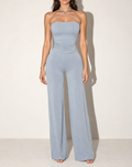 Strap Halter Neck Wide Leg Jumpsuit in CHAMBRAY — front view