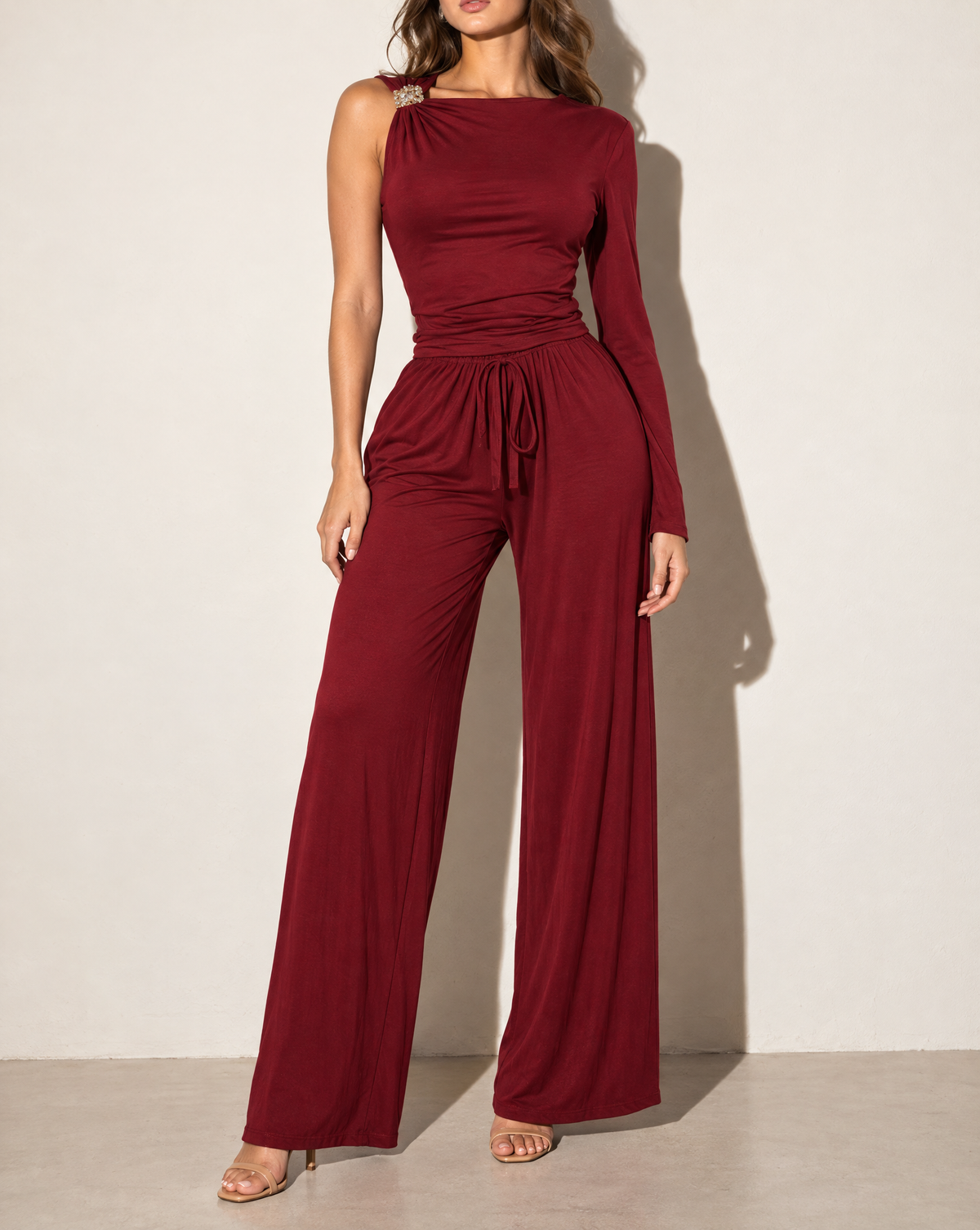 One Sleeve Top & Wide Leg Pants Set in Burgundy — alternate front view