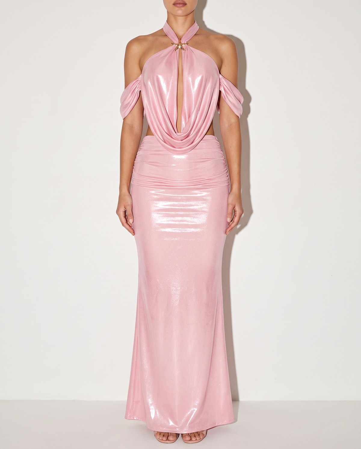 Starfish Trimmed Shimmer Cowl Neck Top With Skirt in Pink — front view