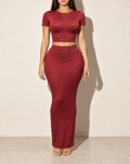 Short Sleeve Crop Top & Long Skirt Set in Burgundy — front view