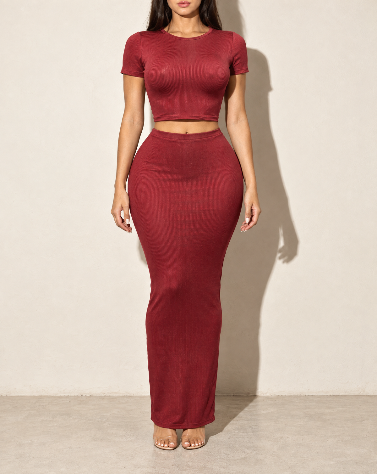 Short Sleeve Crop Top & Long Skirt Set in Burgundy — front view