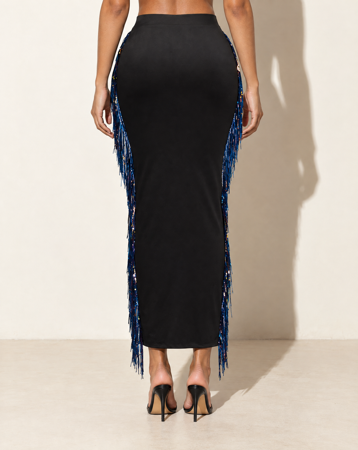 Sequins Fringe Maxi Skirt in Black — back view