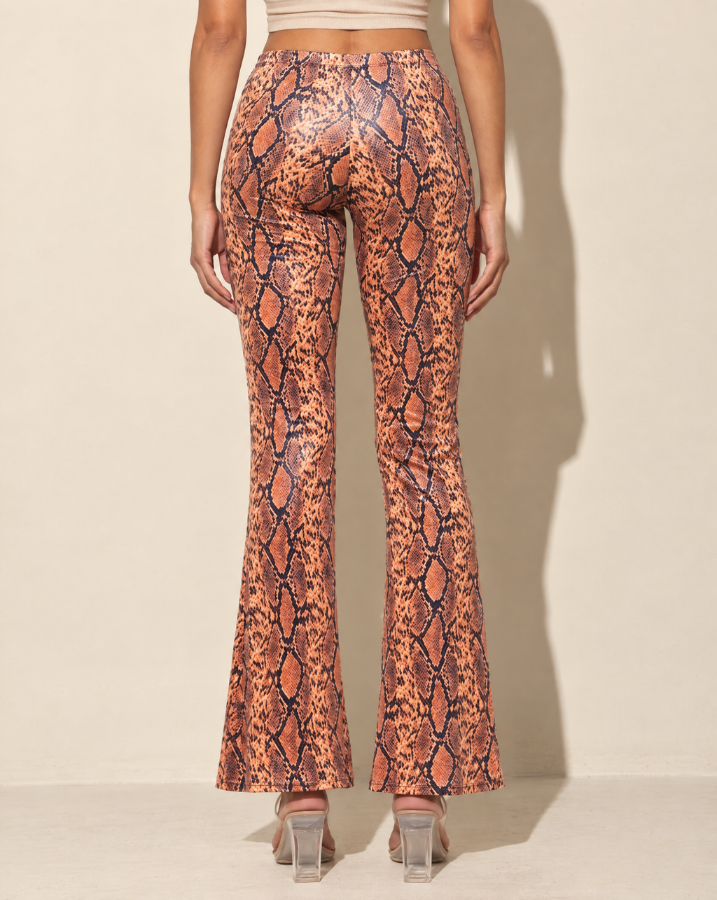 Foiled Animal Printed Slightly Flare Pants in ORANGE/NAVY — back view