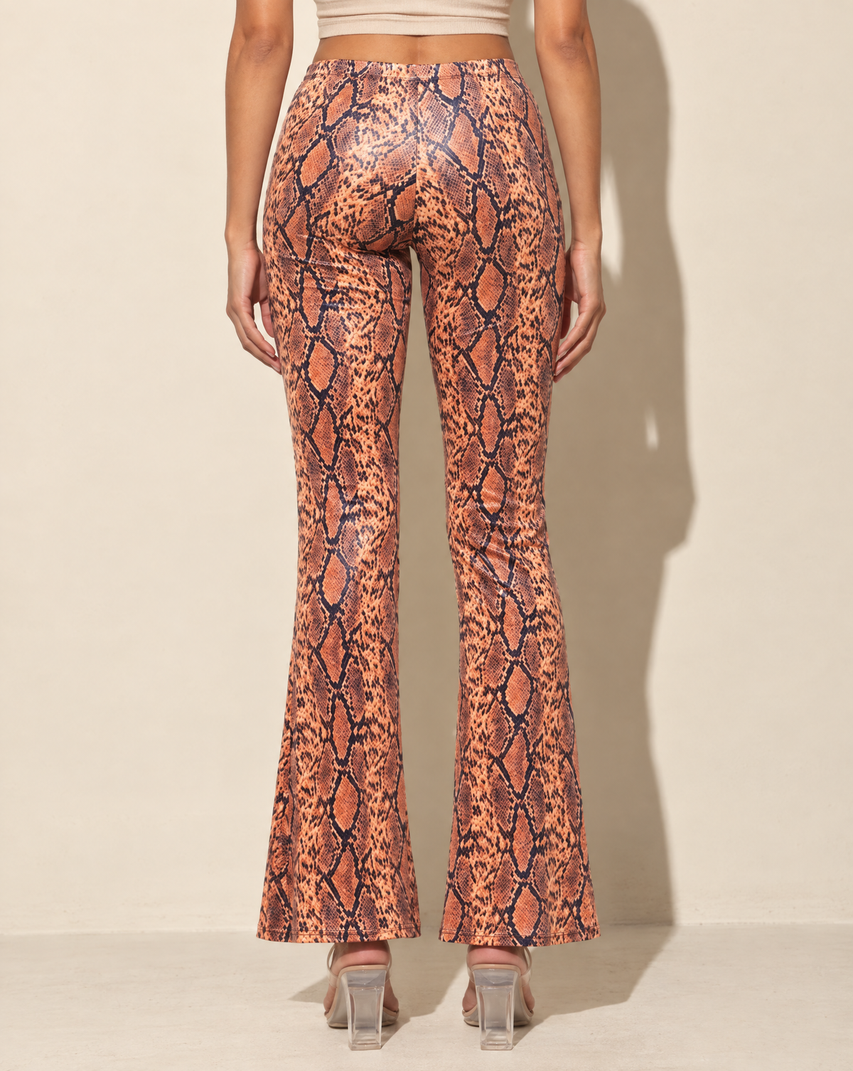 Foiled Animal Printed Slightly Flare Pants in ORANGE/NAVY — back view