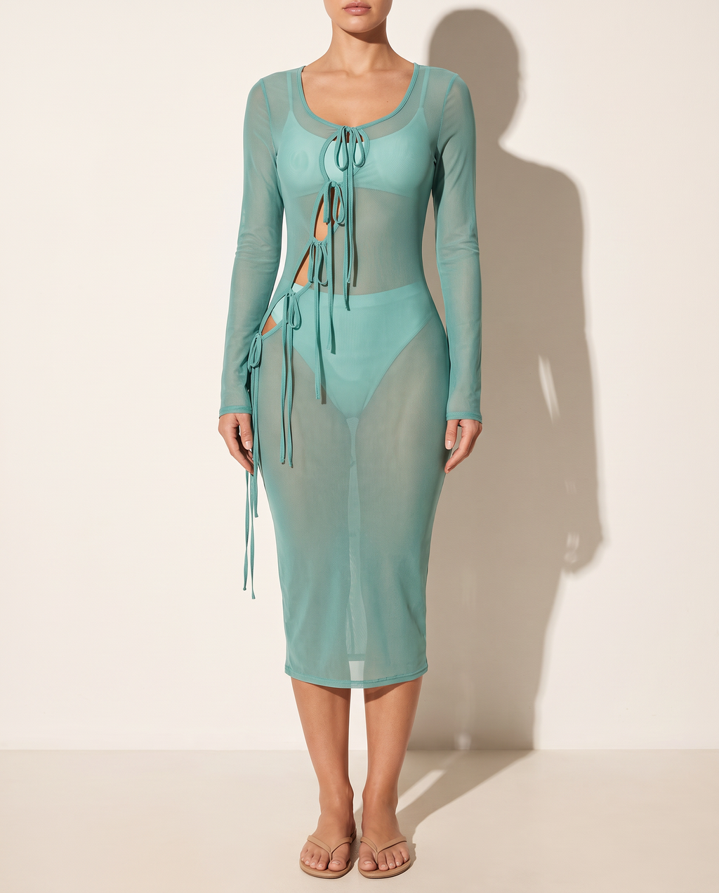 Tie Detailed Mesh Coverup Dress in Green — alternate front view