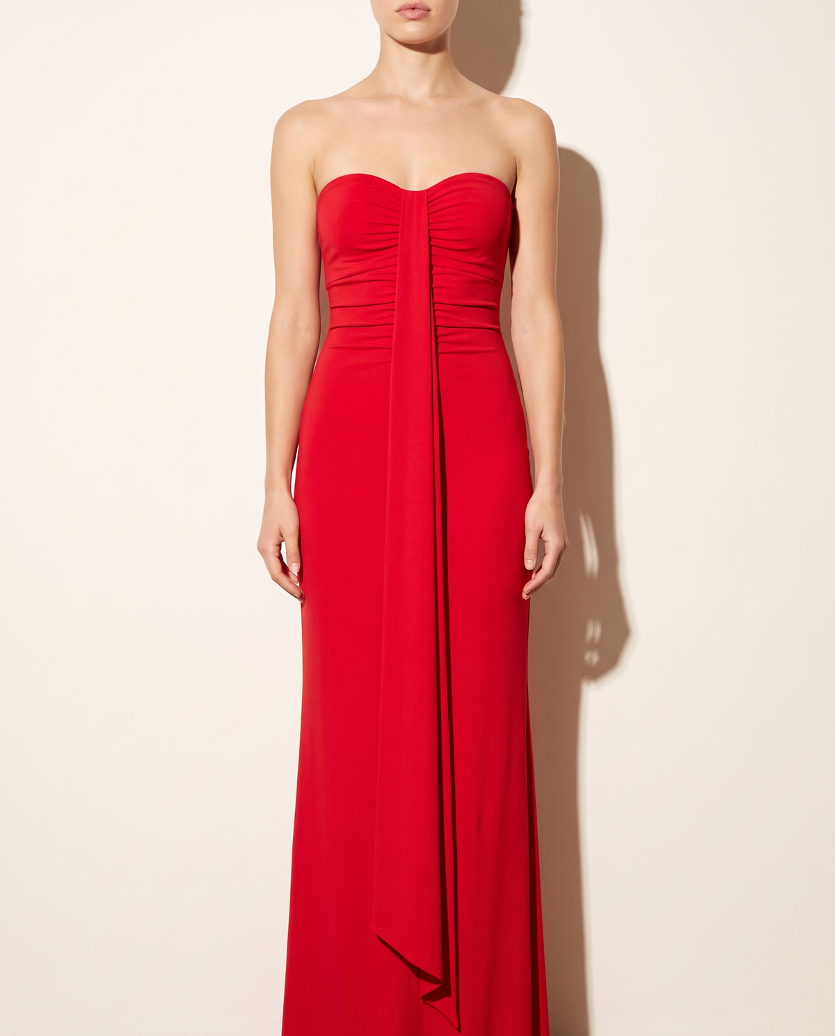 Drape Down Detailed Tube Maxi Dress in Red — front view