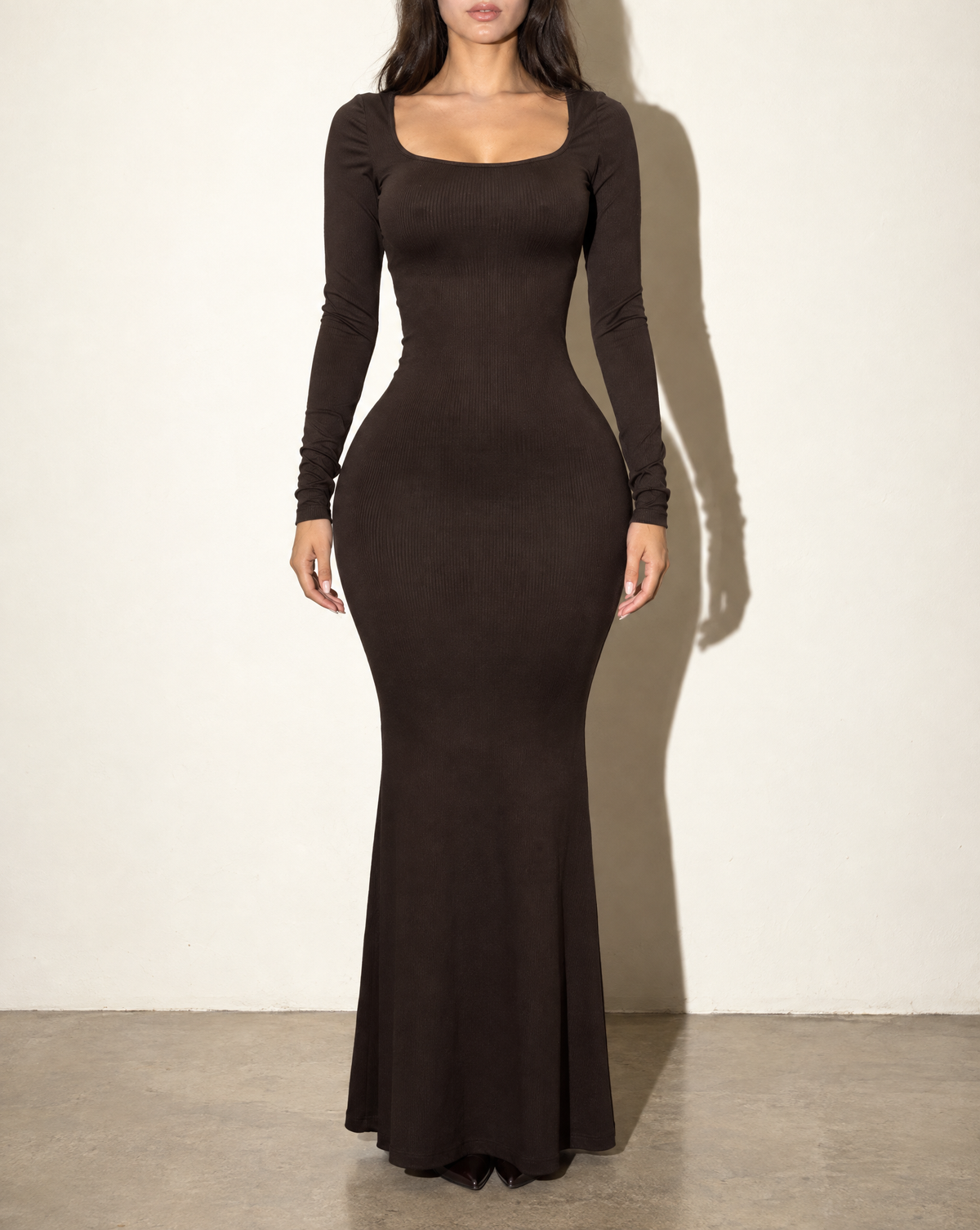 Scoop Neck Long Sleeve Mermaid Maxi Dress in Brown — front view