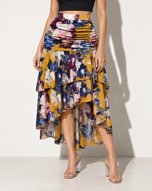 Asymmetrical Hem Floral Skirt in MUSTARD COMBO — alternate front view