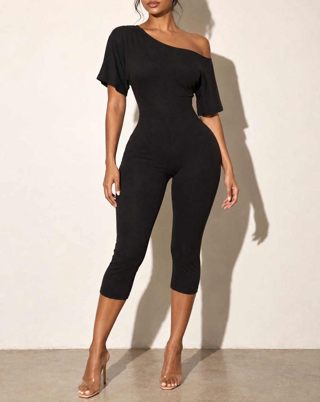 One Off Shoulder Capri Jumpsuit in Black — alternate front view
