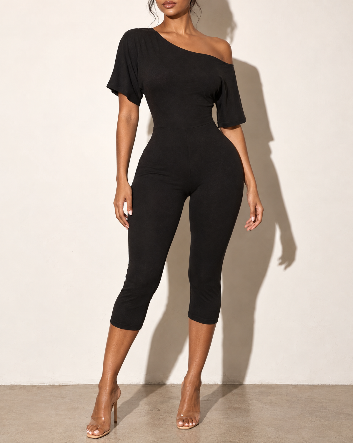 One Off Shoulder Capri Jumpsuit in Black — alternate front view