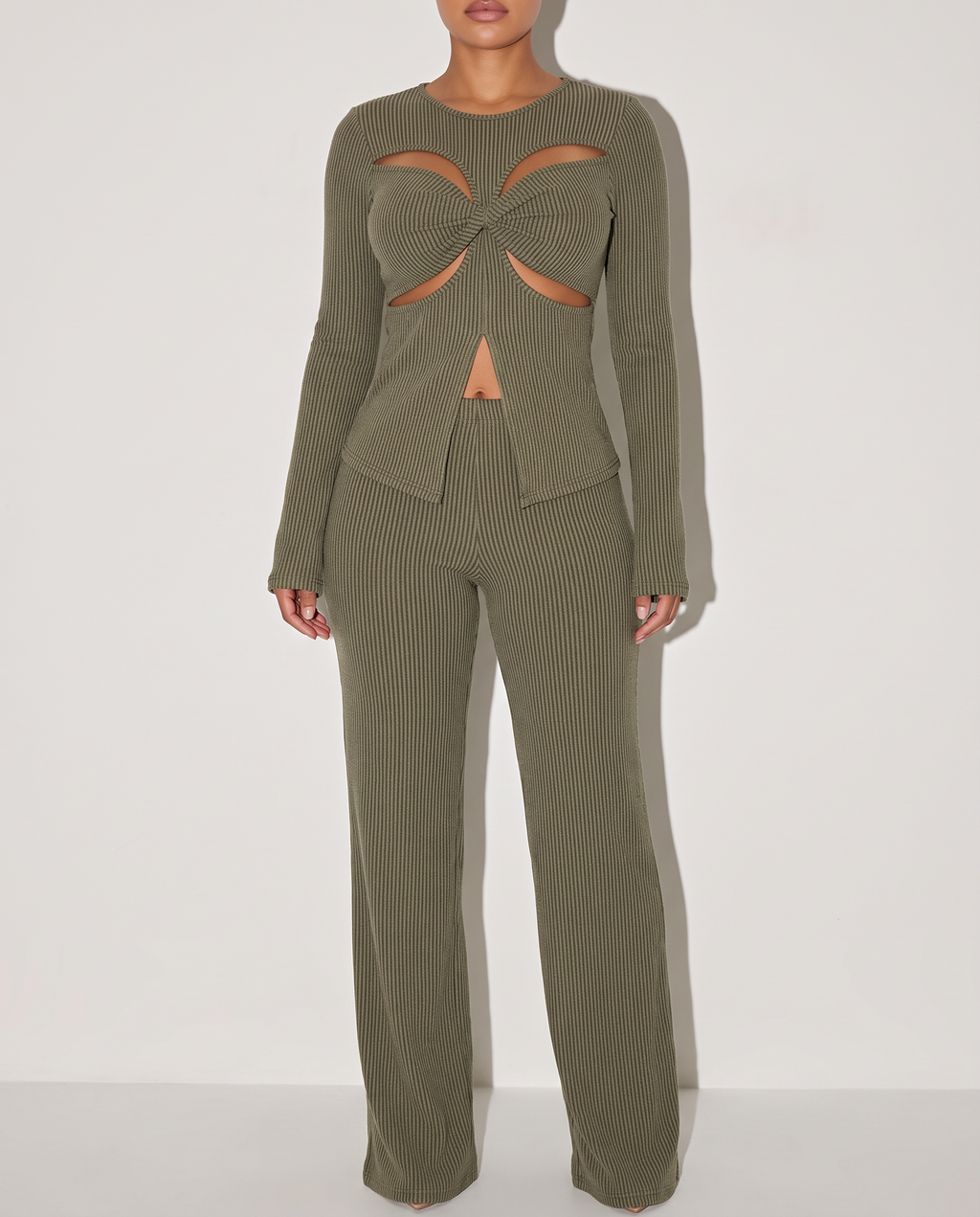 Twisted Front Cut Out Detailed Top & Pants Set in Olive — alternate front view