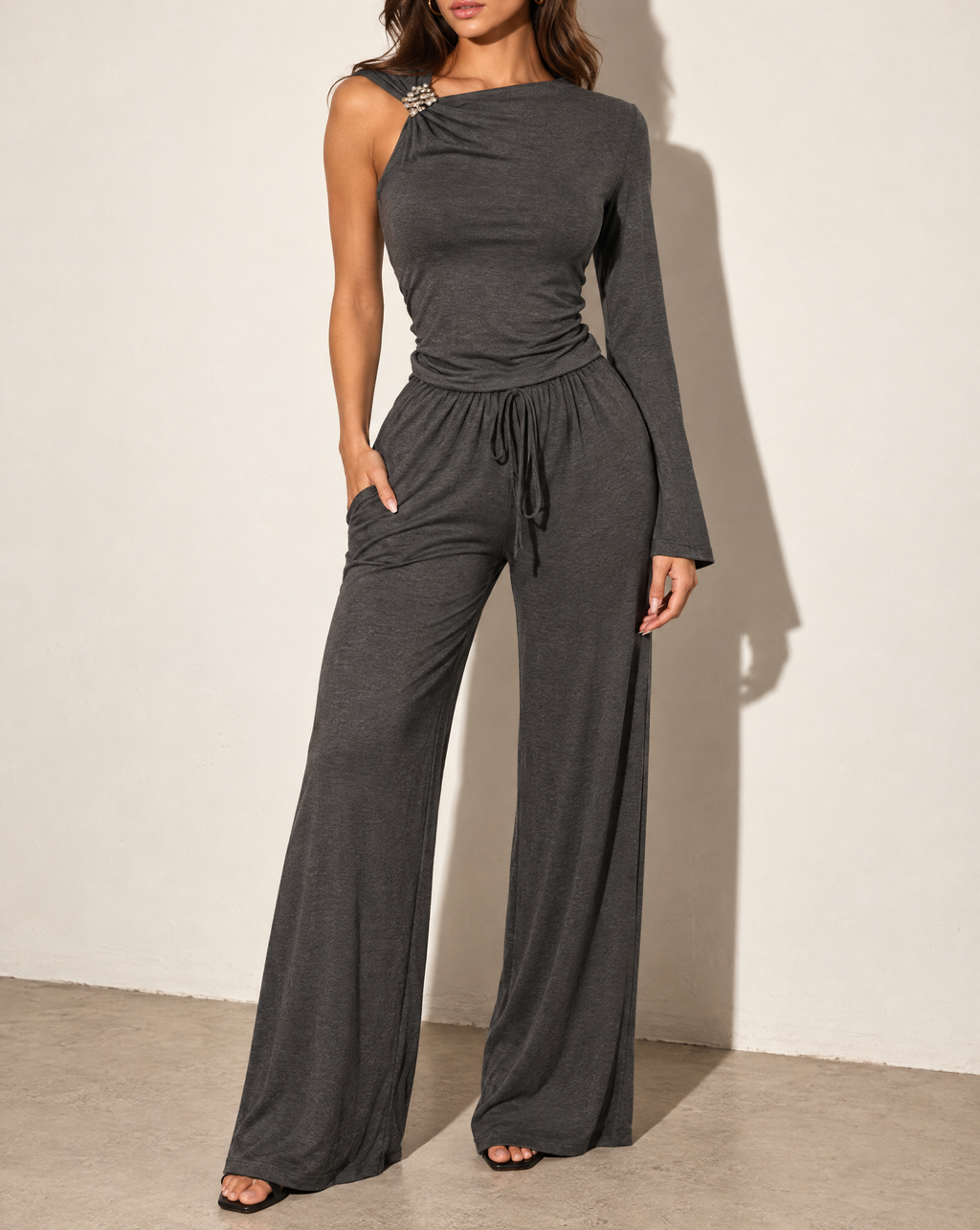 One Sleeve Top & Wide Leg Pants Set in Charcoal — alternate front view