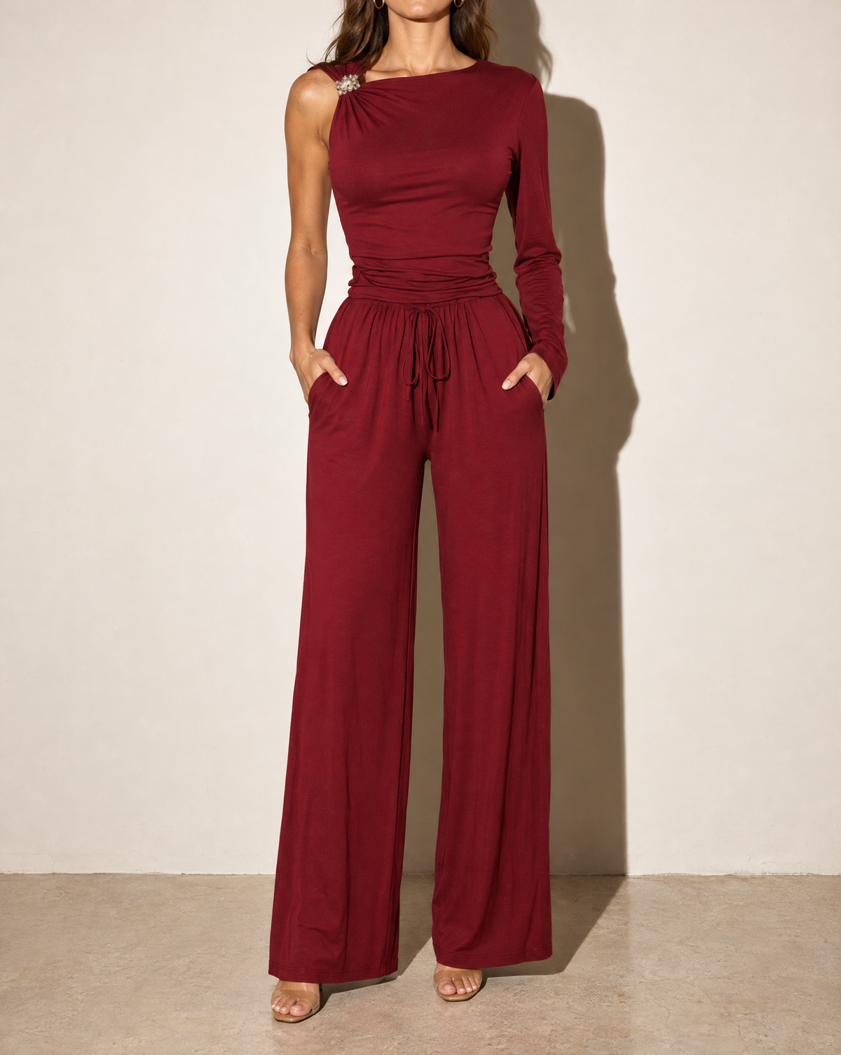 One Sleeve Top & Wide Leg Pants Set in Burgundy — front view