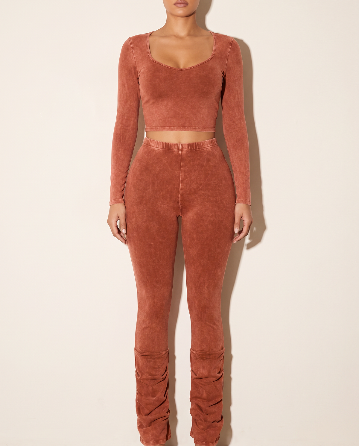 Mineral Washed Top & Ruched Hem Detailed Pants in Rust — front view