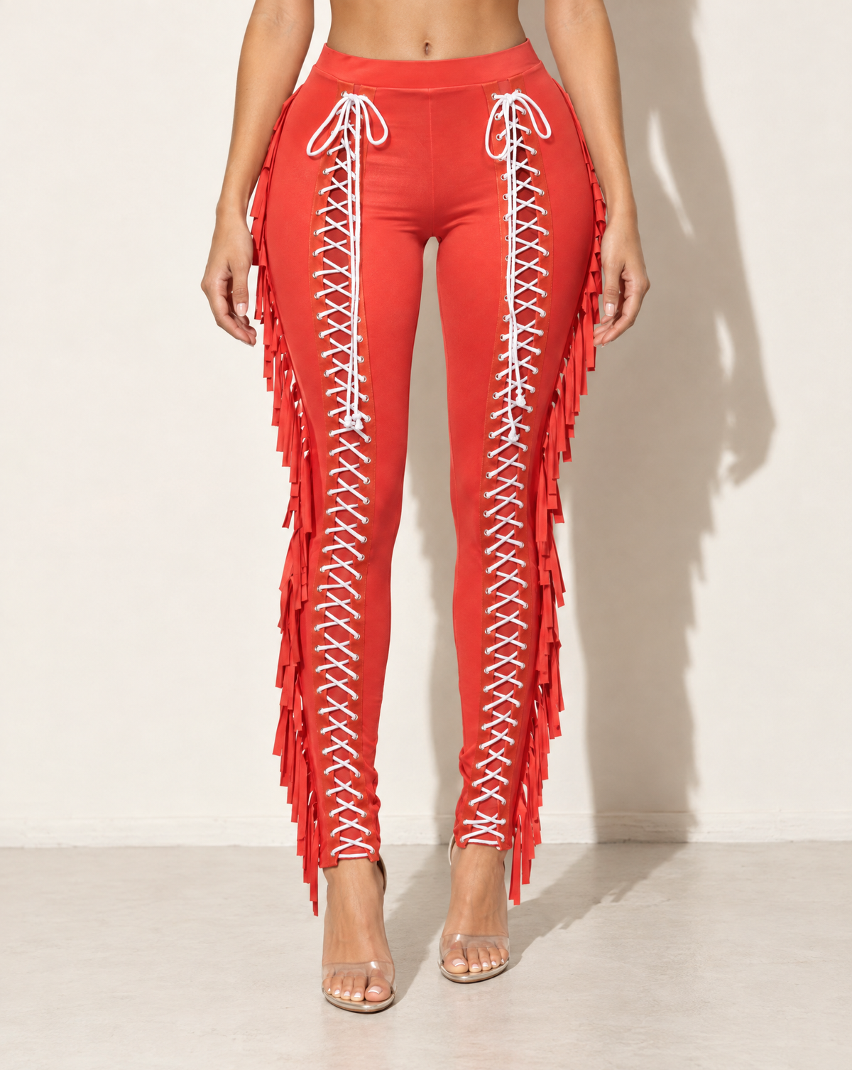 Lace Up Detailed Fringe Pants in Orange — front view