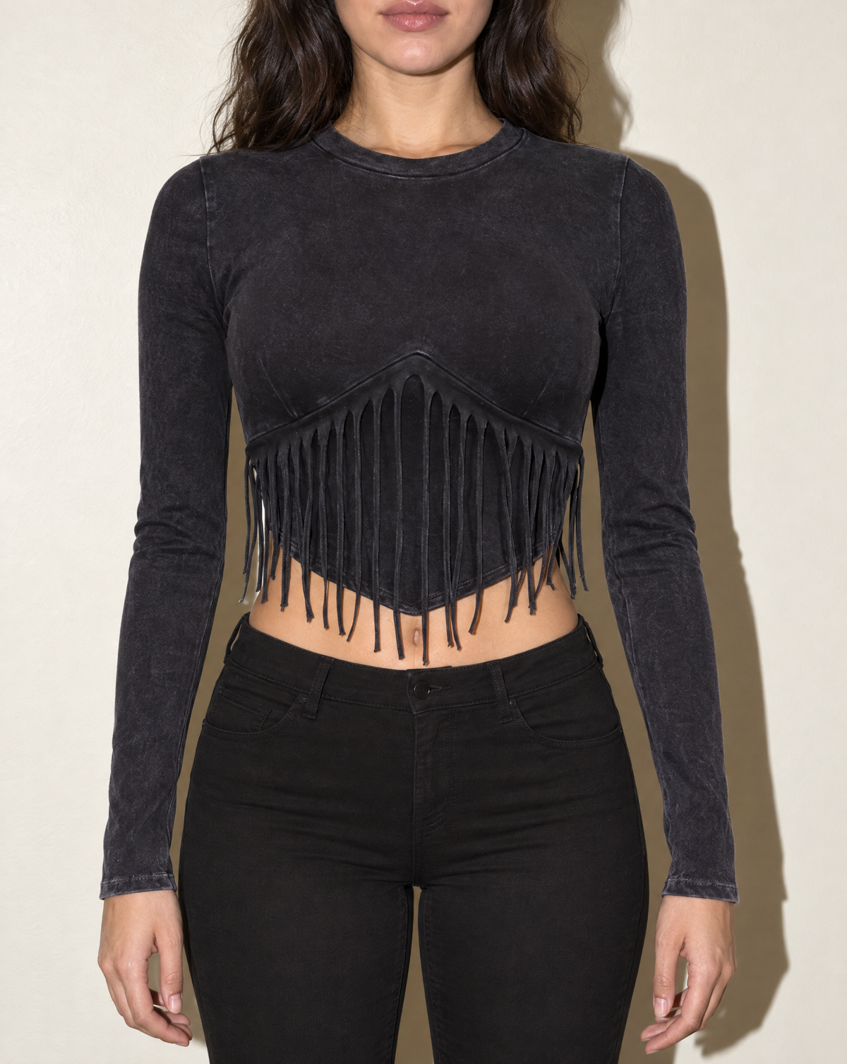 Washed Fringe Front Detailed Long Sleeve Top in DK NAVY — front view