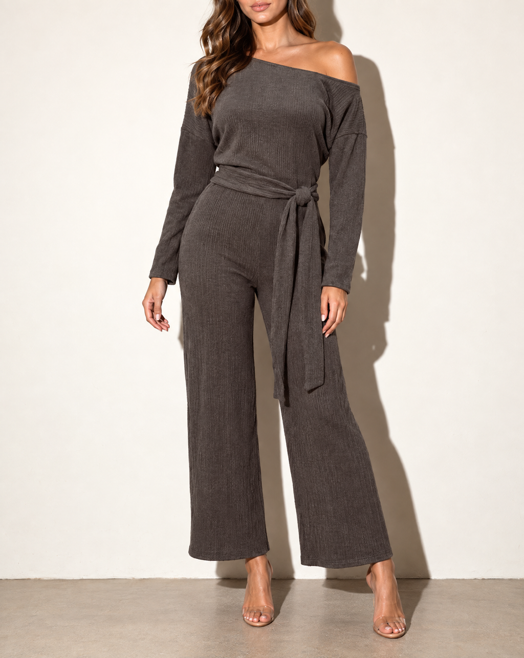 Off Shoulder Long Sleeve Top & Pants Set in Brown — alternate front view