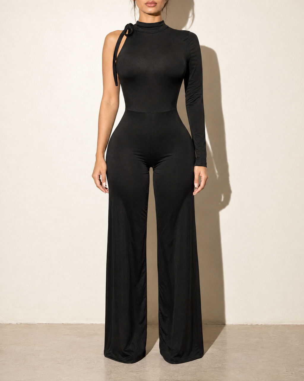 One Shoulder Stringed Jumpsuit in Black — front view