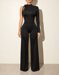 One Shoulder Stringed Jumpsuit in Black — front view