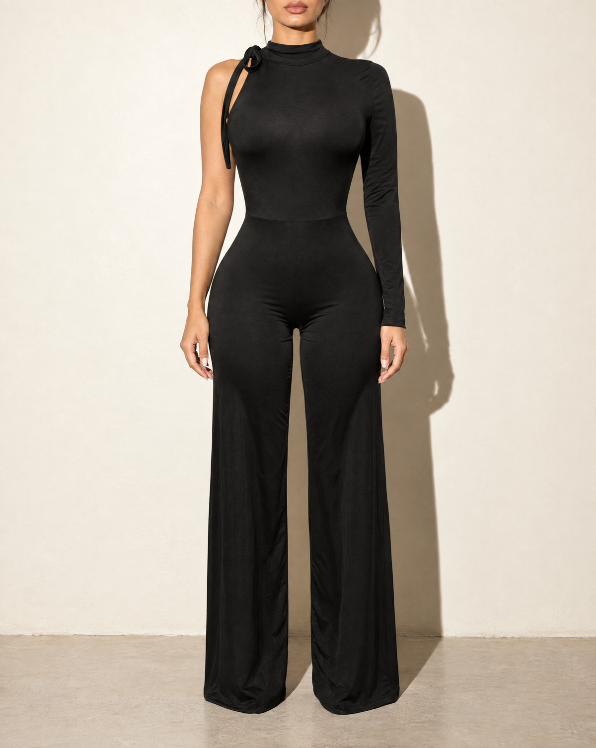 One Shoulder Stringed Jumpsuit in Black — front view