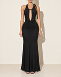 Drawstring Neck Maxi Dress in Black — front view
