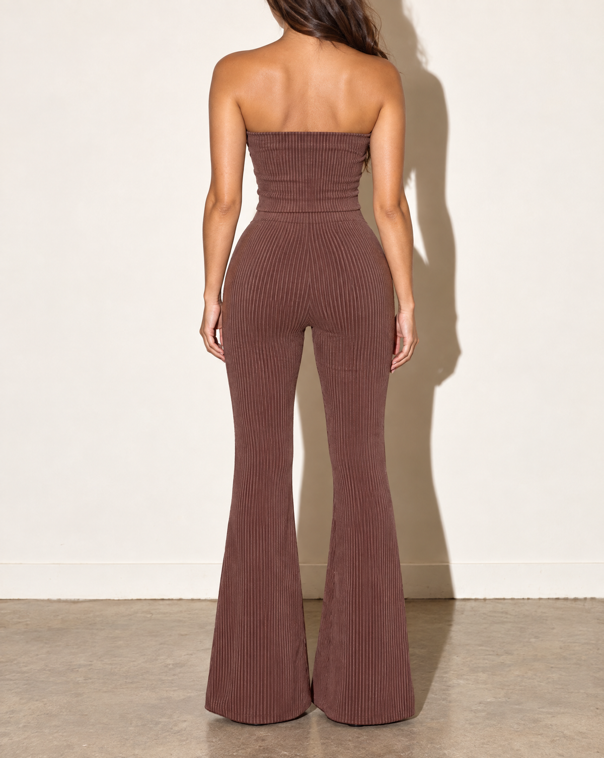 Rib Tube Top & Long Pants Set in Chocolate — back view