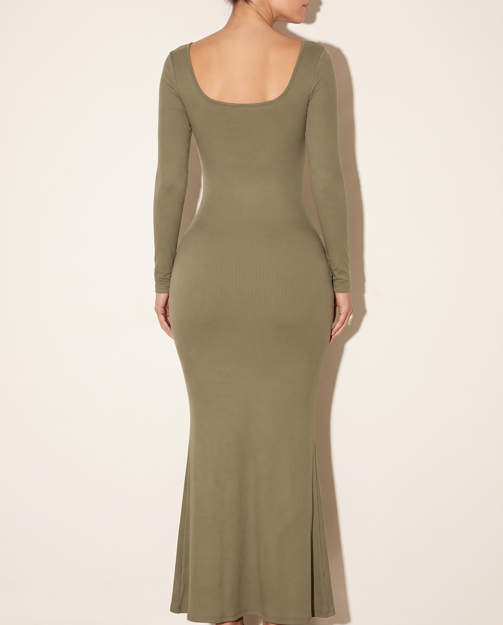 Scoop Neck Long Sleeve Mermaid Maxi Dress in Olive — back view