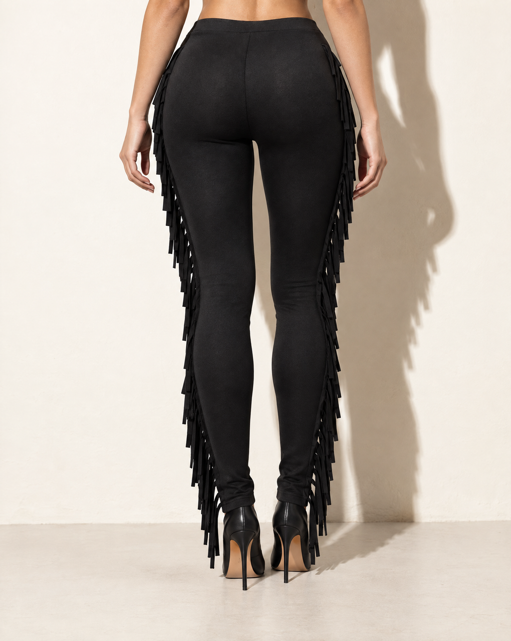 Lace Up Detailed Fringe Pants in Black — back view