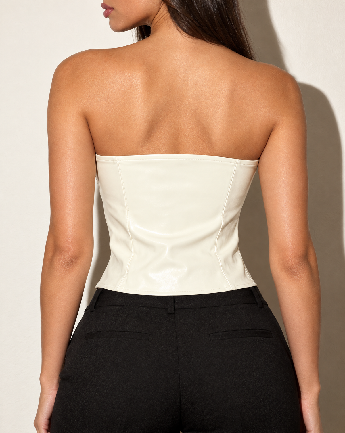 Zipper Closure PU Tube Top in White — back view