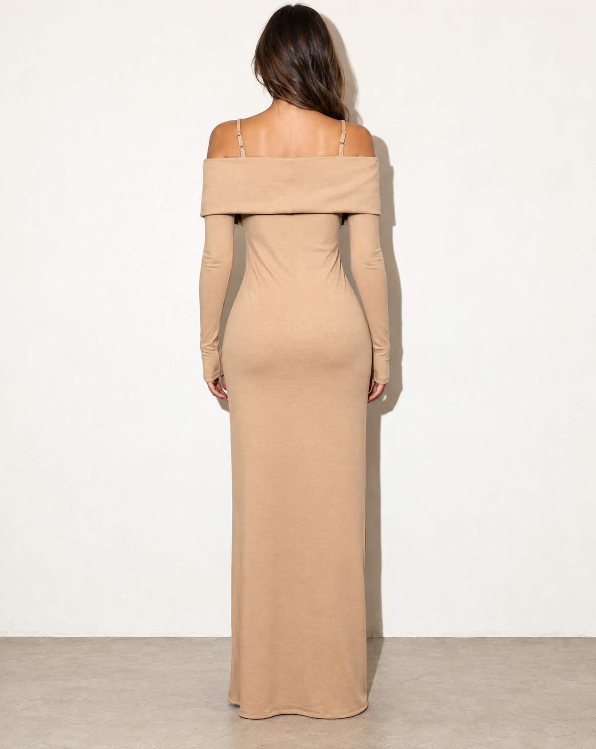 Long Length Off Shoulder Top & Skirt Leggings Set in CAPPUCCINO — back view