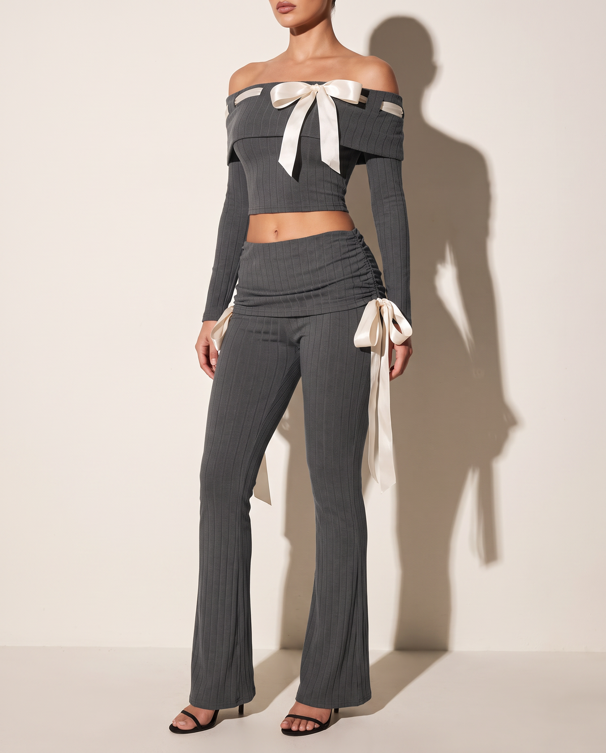 Off Shoulder Ribbon Trim Detailed Top & Pants Set in Charcoal — alternate front view