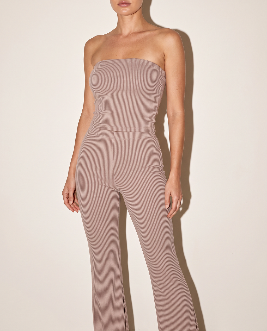 Rib Tube Top & Long Pants Set in Taupe — alternate front view