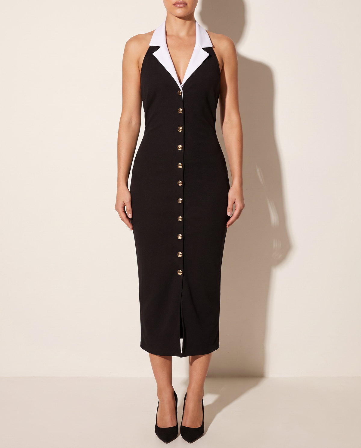 Contrast Collar Midi Dress in BLACK/WHITE — front view