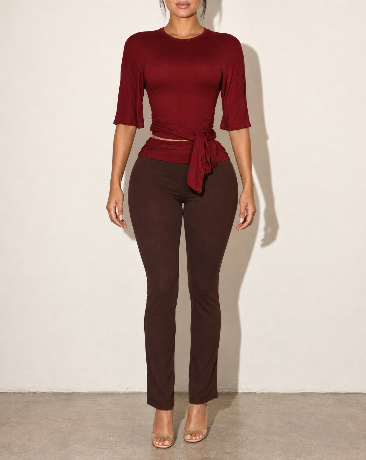 Wide Short Sleeve Top & Pants Set in BURGUNDY COMBO — front view
