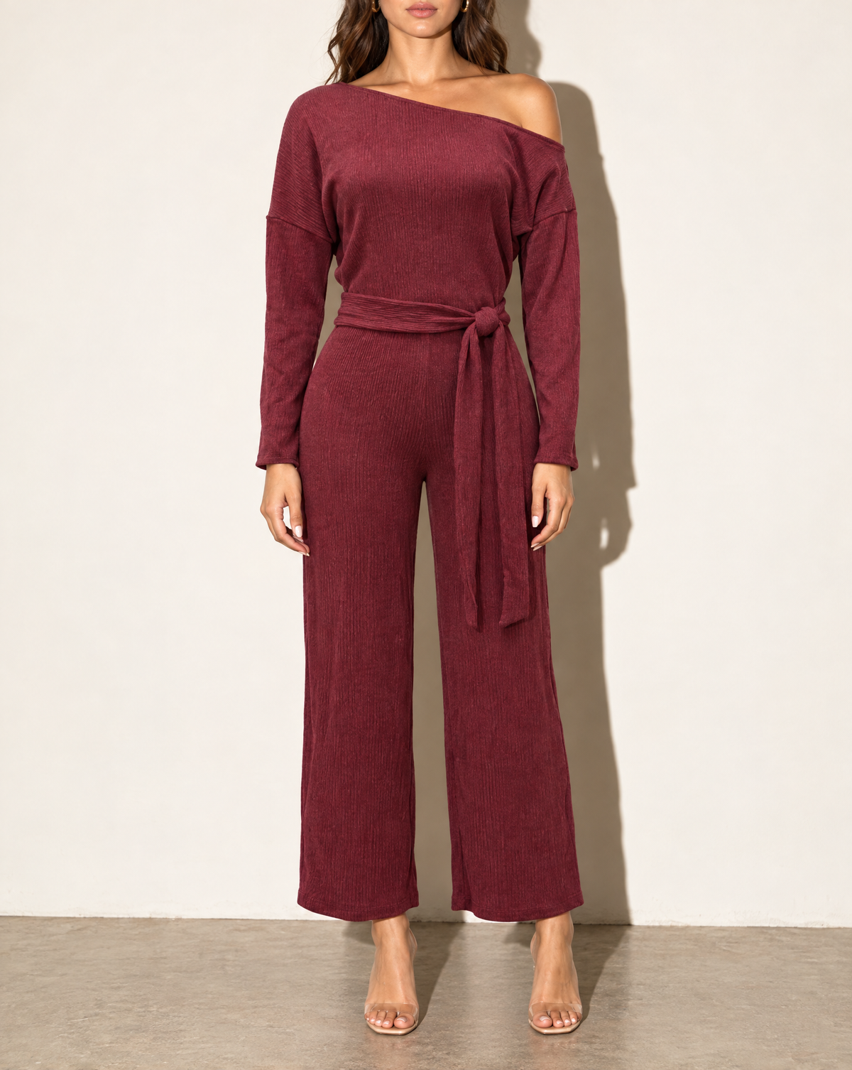 Off Shoulder Long Sleeve Top & Pants Set in Burgundy — front view