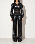 PU Hoodie Jacket & Wide Leg Pants Set in Black — front view