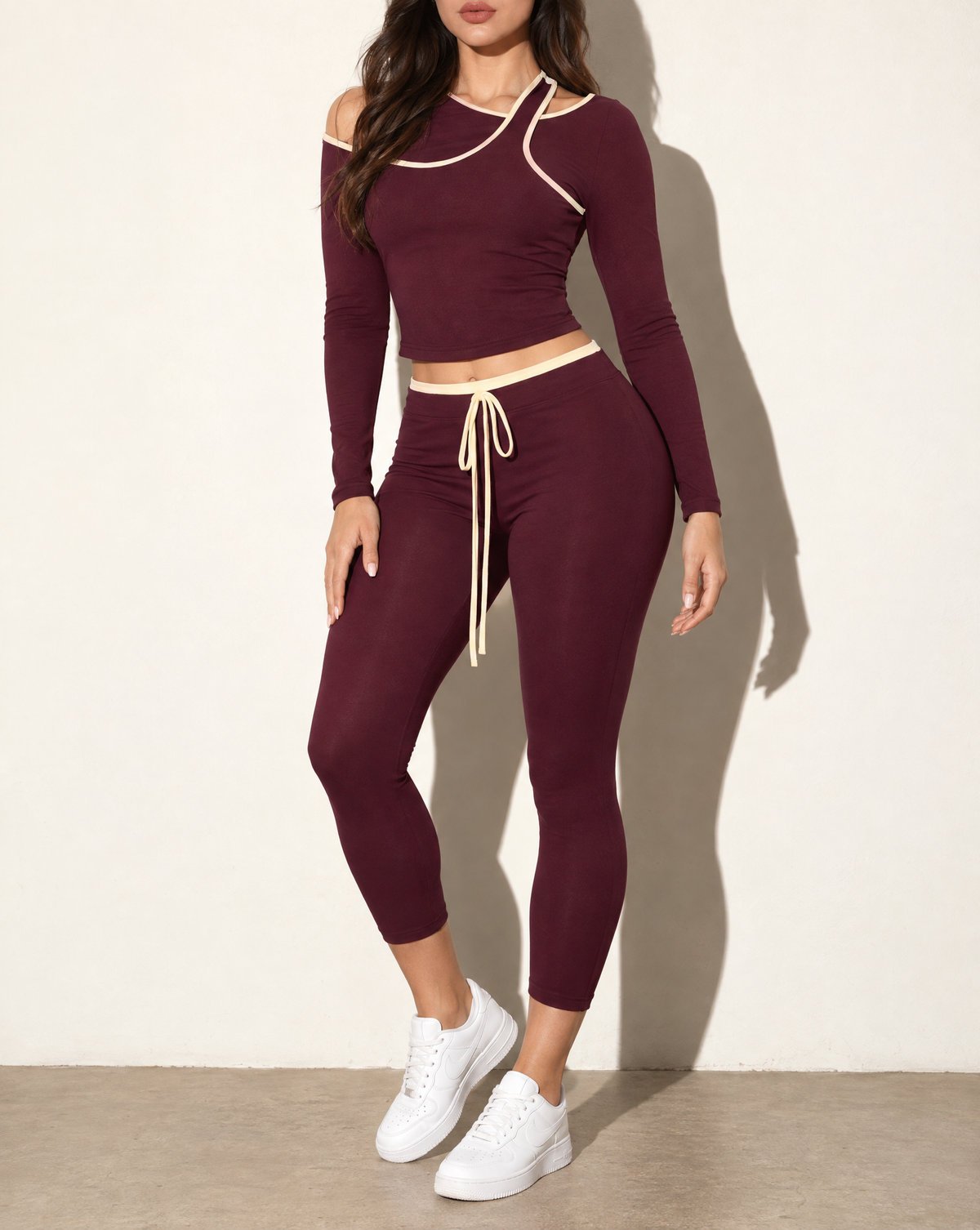 One Side Cold Shoulder Top & Capri Leggings Set in BURGUNDY COMBO — alternate front view