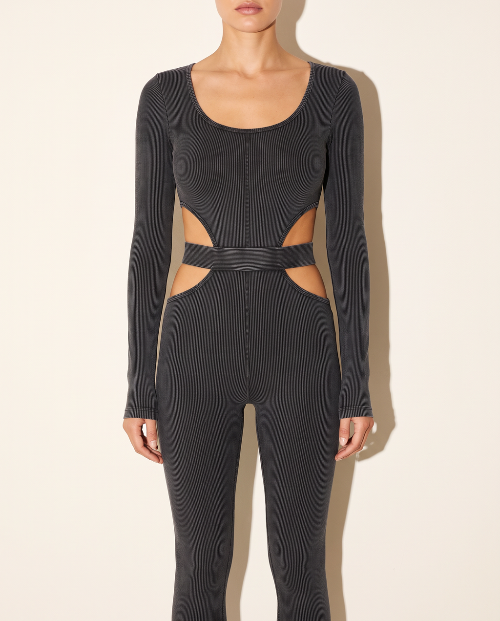Side Cut Out Mineral Washed Jumpsuit in Charcoal — front view