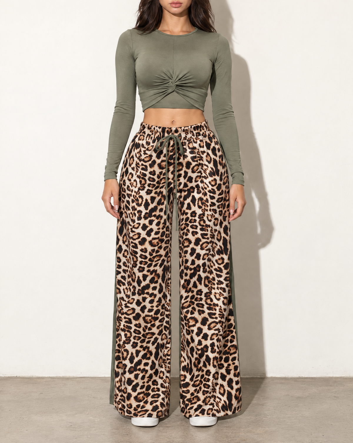 Long Sleeve Mid Top & Wide Leg Pants Set in Olive — front view